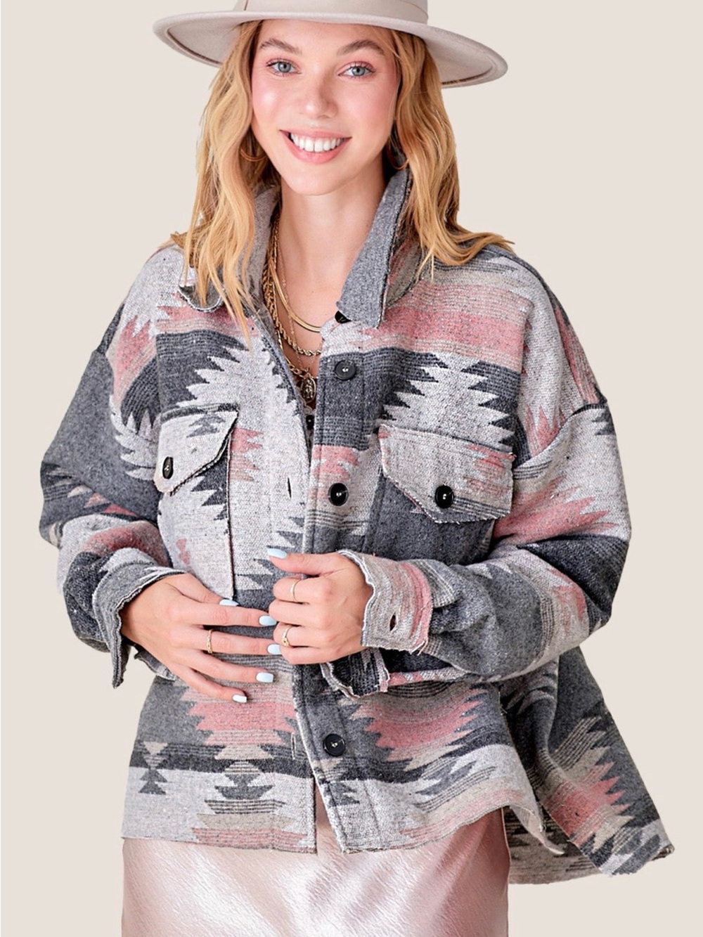 Button-Front Aztec Utility Jacket in Blush Gray